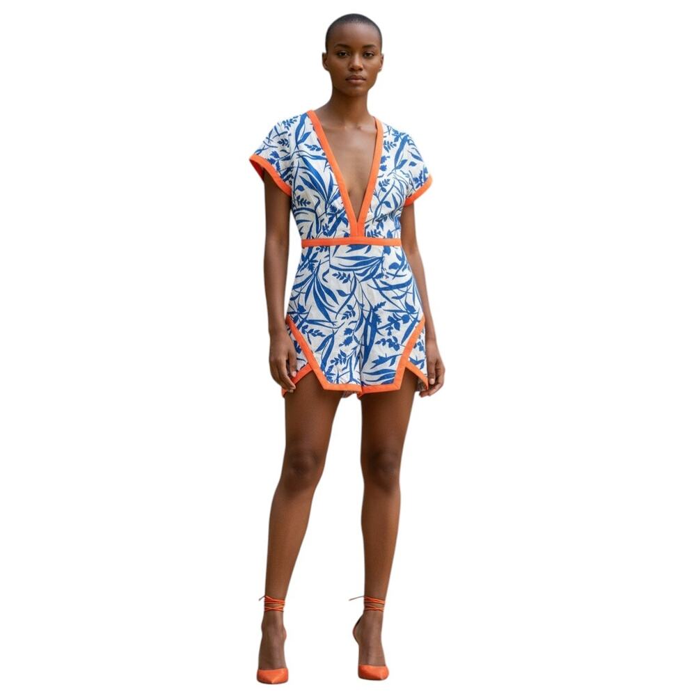 Missguided Dress Mini US Size 2 Deep V Lined Resort Summer Body Con White Blue